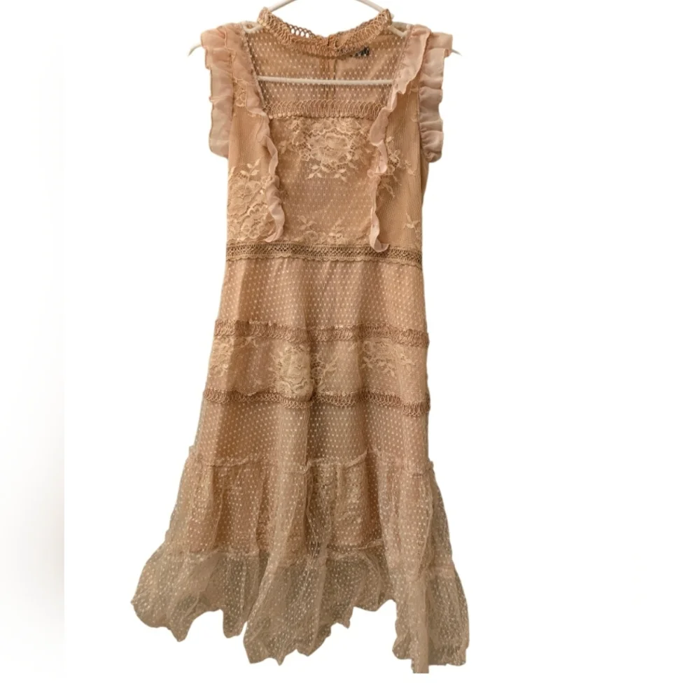 Nude Lace Tiered Ruffle Dress Romantic Cottagecore Style - Picture 2 of 7